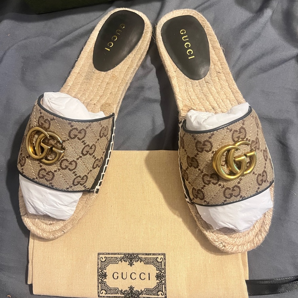 Gucci Women's Brown and Gold Slide Sandals